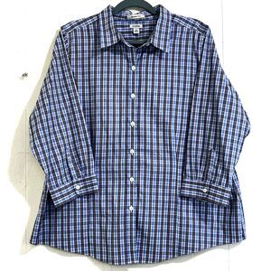 L.L Bean Wrinkle Free Button Down Shirt Women Size 1X Blue Plaid 3/4 Sleeve
